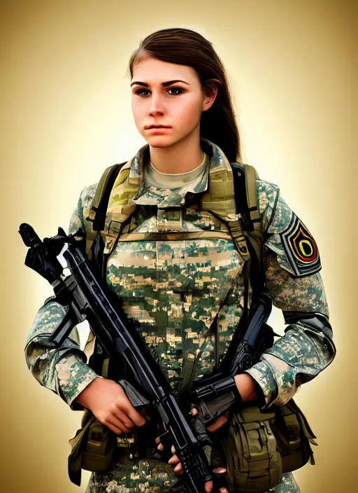 Image similar to beautiful female soldier portrait, detailed, intricate, global illumination, symmetry, long hair