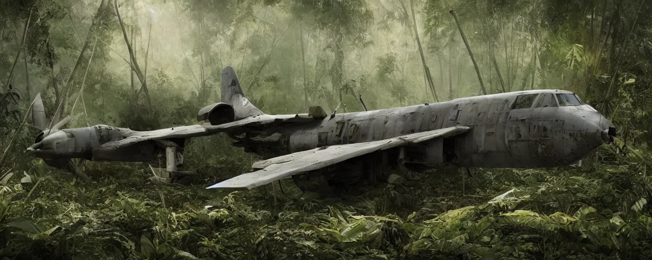 Prompt: an intricate concept art of a crashed military plane in the middle of a bamboo jungle, artstation, sci - fi, hyper realistic, concept art, art by dylan cole, cinematic lighting, octane render