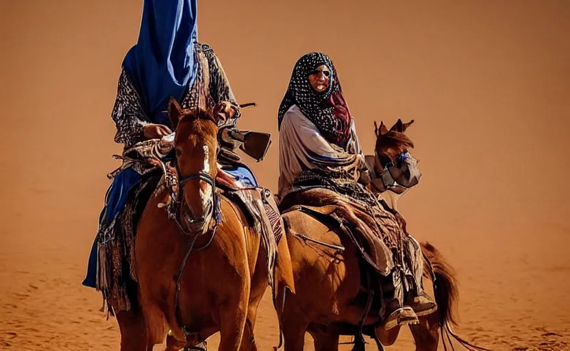 Prompt: beautiful burqa's woman, riding a horse!!! in saharan, sharp eyes, handling riffle on chest, shooting pose, perfect posture, dust, cinematic, dynamic pose, pinterest, center of interest, very perfect object, award winning photo by national geographic