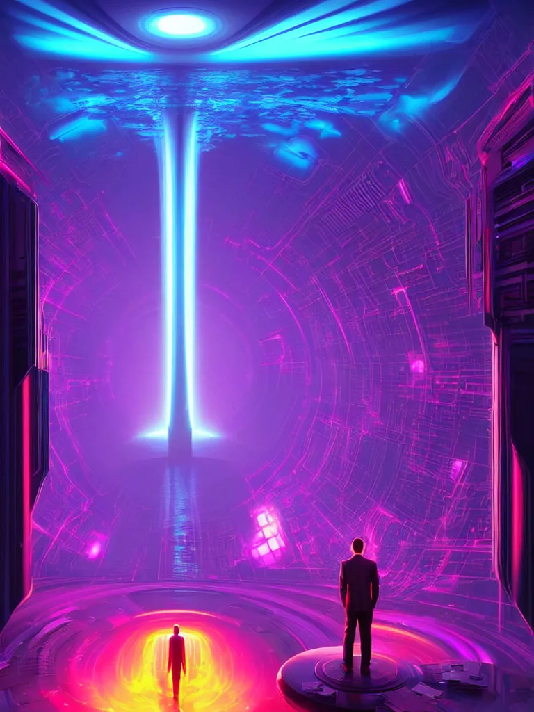 Prompt: entrance to mainframe ethereal realm, ai sentient, octane render, central composition, symmetrical composition, dreamy colorful cyberpunk colors, 6 point perspective, fantasy landscape with anthropomorphic terrain in the styles of igor morski, jim warren and rob gonsalves, intricate, hyperrealistic, volumetric lighting, neon ambiance, distinct horizon