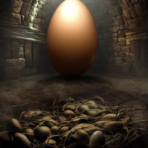 Image similar to holy egg on a pedistal in a dark dungeon. epic lighting, concept art, 8 k, paid artwork, intricate