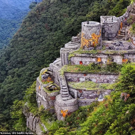 Prompt: stone fortress made by dwarves, carved into mountainside, abandoned, bright, intricate carvings, architectural