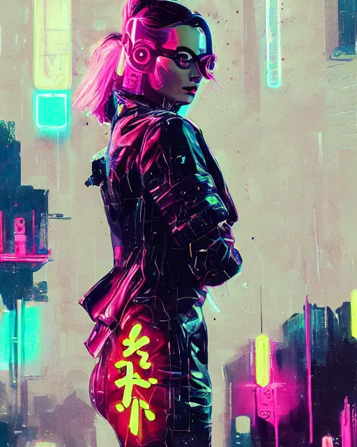 Prompt: neon operator margot robbie, cyberpunk futuristic neon, reflective puffy coat, decorated with traditional japanese ornaments by ismail inceoglu dragan bibin hans thoma greg rutkowski alexandros pyromallis nekro rene maritte illustrated, perfect face, fine details, realistic shaded, fine - face, pretty face