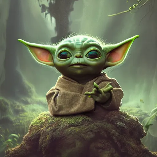 Image similar to tom bagshaw, beautiful baby yoda, mythical shrine, soft painting render curiosities carnival pond river vegetation rocks bugs wildlife mushrooms covered moss bioluminescent wisps, beautiful stunning waterfall, accurate features, focus, very intricate ultrafine details, random volumetric lighting, fog, award winning masterpiece, octane render 8 k hd, artstation