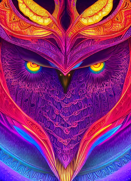 Image similar to symmetry!! product render poster vivid colors divine proportion owl, 神 圣, glowing fog intricate, elegant, highly detailed, digital painting, artstation, concept art, smooth, sharp focus, illustration,