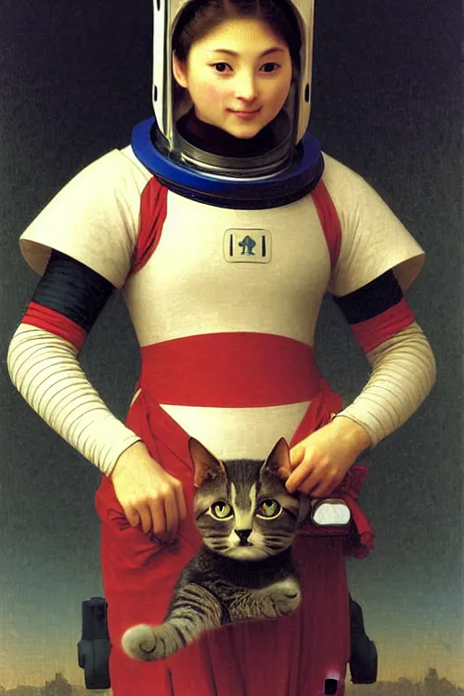 Image similar to portrait of a cat astronaut with japanese armor and helmet, by bouguereau