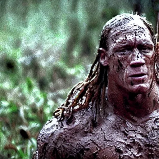 Prompt: film still of john cena as major dutch, covered in mud and hiding, a blurred predator is visible in swamp scene in 1 9 8 7 movie predator, hd, 8 k