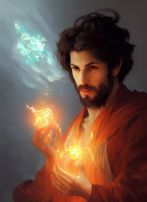 Image similar to character concept portrait of an attractive young focused Spanish wizard with pale orange skin enchanting a blazing spell, a floating iridescent spell book in the center, intricate, elegant, digital painting, concept art, smooth, sharp focus, illustration, from Metal Gear, by Ruan Jia and Mandy Jurgens and William-Adolphe Bouguereau, Artgerm