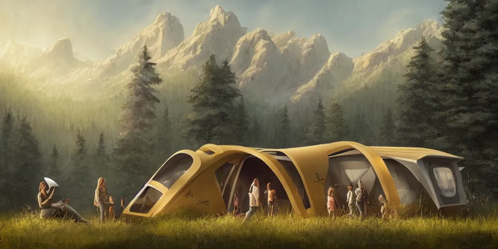 Image similar to cabela's tent futuristic pop up family pod, cabin, modular, person in foreground, mountainous forested wilderness open fields, beautiful views, painterly concept art, joanna gaines, environmental concept art, farmhouse, magnolia, concept art illustration by ross tran, by james gurney, by craig mullins, by greg rutkowski trending on artstation