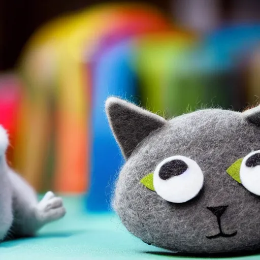 Image similar to a cute cat made of felt and linnin with googly eyes is sneaking up on a mouse made out of a sock, in a kids room on saturday morning