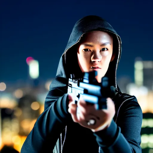 Image similar to photographic portrait of a techwear woman holding a Glock 18, closeup, on the rooftop of a futuristic city at night, sigma 85mm f/1.4, 4k, depth of field, high resolution, 4k, 8k, hd, full color