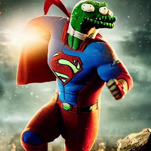 Image similar to pickle rick as superman! flying in ( gears of war ), splash art, movie still, detailed face, photorealistic facial features, cinematic lighting, dramatic, octane render, long lens, shallow depth of field, bokeh, anamorphic lens flare, 8 k, hyper detailed, 3 5 mm film grain
