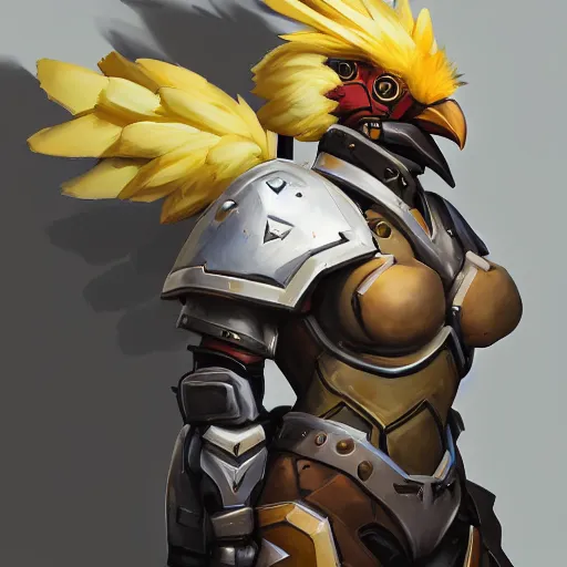 Prompt: greg manchess portrait painting of fully combat armored chocobo as overwatch character, medium shot, asymmetrical, profile picture, organic painting, sunny day, matte painting, bold shapes, hard edges, street art, trending on artstation, by huang guangjian and gil elvgren and sachin teng