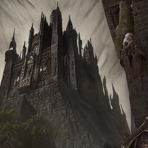 Image similar to an ultra detailed 3 d render of a lonely and impossibly tall ominous gothic dark citadel tower of the evil patriarch, in the style of magic the gathering, in a river elevated high above the city, flintlock fantasy capital city, ultrawide lense, aerial photography, unreal engine, exquisite detail, 8 k, art by greg rutkowski and alphonse mucha