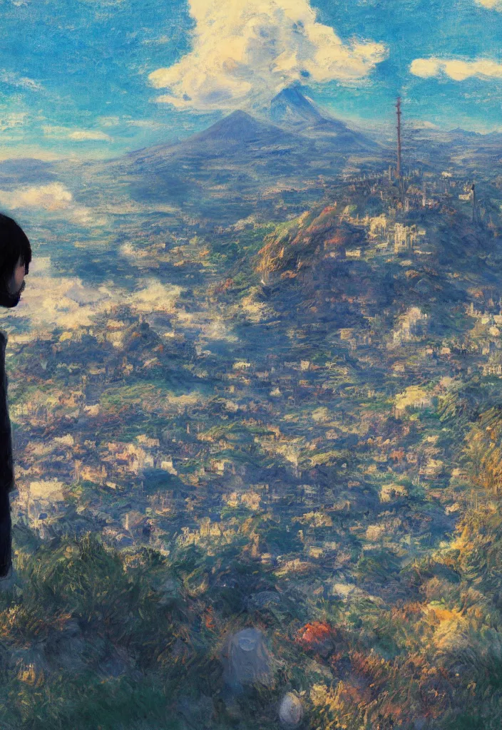 Prompt: tiny god in front of a japanese city in the mountain. cyberpunk. beautiful blue sky. gorgeous epic nature, lofi, vivid colors, amazing light, by jeremy lipkin, by claude monet, heavily inspired by makoto shinkai, inspired by ghibli, masterpiece, multiple brush strokes, impressionist style