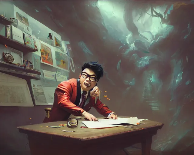 Image similar to an insanely detailed painting of a nerdy asian man wearing a superhero costume, sitting at a desk, staring at the nervously at the computer and typing, in the style of peter mohrbacher, dramatic lighting and composition, surreal background, octane render, pixar, trending on artstation, concept art, comic book, view from behind