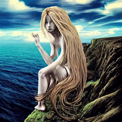 Prompt: A beautiful collage of a human-like creature with long, stringy hair. The figure has no eyes, only a mouth with long, sharp teeth. The creature is standing on a cliff overlooking a dark, foreboding sea. anime, formicapunk by John Anster Fitzgerald, by Storm Thorgerson lavish