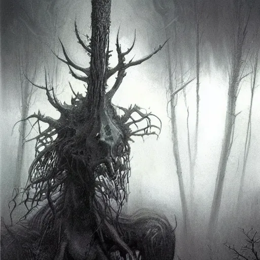 Image similar to concept art of a eldritch creature with 4 legs, skull, fantasy, forest, heavy fog, wayne barlowe and zdzislaw beksinski