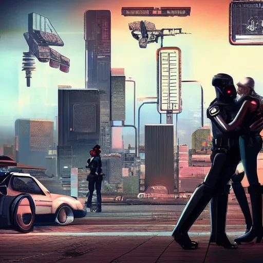 Image similar to realistic, symmetrical, cyberpunk city, man and women in love in a gunfight with robot police.