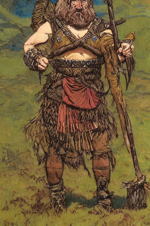 Image similar to full body character design reference art of Eoghaill of the Murine Hordes, a La Tene Culture Celtic chieftain and warrior, resplendent and proud of bearing. high quality, high detail, realistic painting, in the style of: Angus McBride, Rebecca Guay, and Michael William Kaluta. photorealistic light.