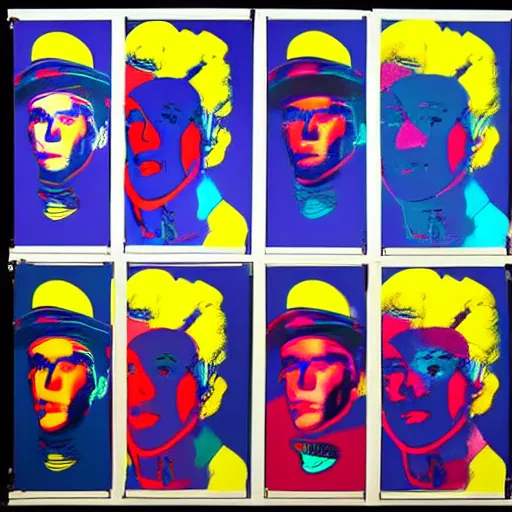 Image similar to old robot, 6 panels by andy warhol, with highly contrasted colors and an illuminating background