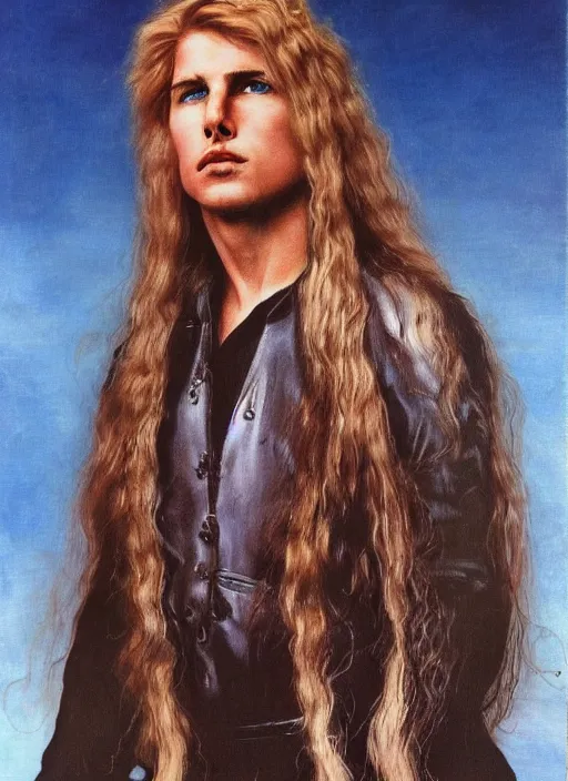 Image similar to Pre-Raphaelite portrait of blonde haired Tom Cruise as the leader of a cult 1980s heavy metal band, with very long blond hair, light blonde hair and grey eyes