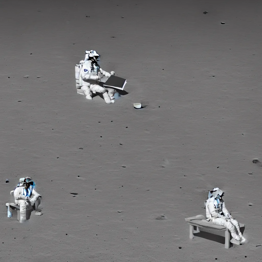 Prompt: A highly photographic render of astronaut on the Moon, sitting on a concrete bench reading a book, rim lighting, cinematic lighting, octane engine, photo realistic image, 4K, super detailed, cinematic look