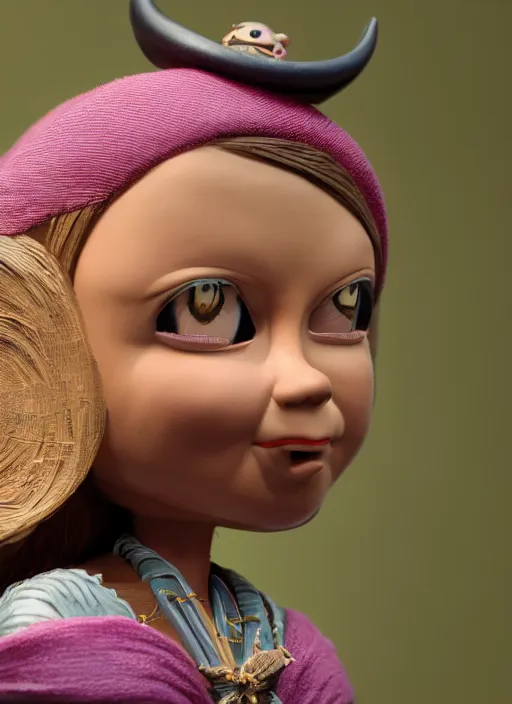 Image similar to closeup face profile portrait of tin toy greta thunberg as a witch, bikini, depth of field, zeiss lens, detailed, symmetrical, centered, fashion photoshoot, by nicoletta ceccoli, mark ryden, lostfish, breathtaking, 8 k resolution, extremely detailed, beautiful, establishing shot, artistic, hyperrealistic, octane render