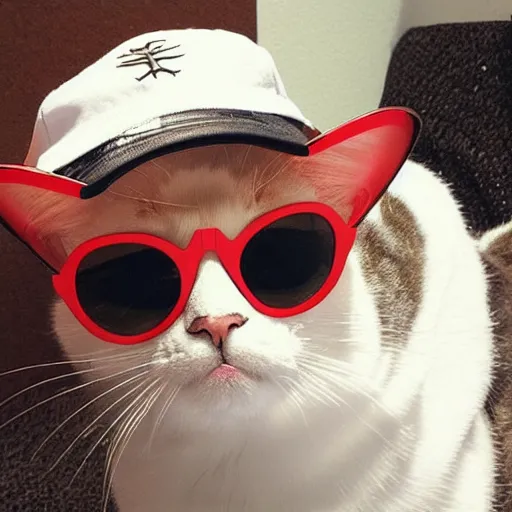 Prompt: cat with jewelry sunglasses and baseball cap