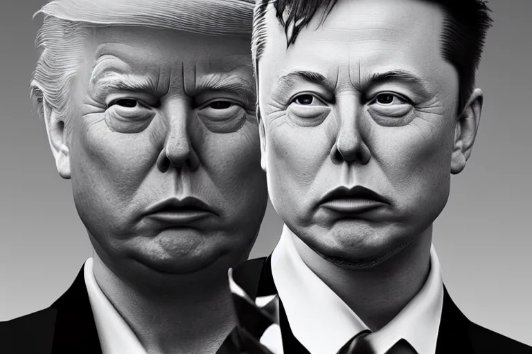 Prompt: elon musk - donald trump hybrid portrait, octane render, volumetric lighting, award - winning, perfection, ambitious, featured on artstation, by greg rutkowski, ambient occlusion, hyper - realism, 4 k hd, qled,