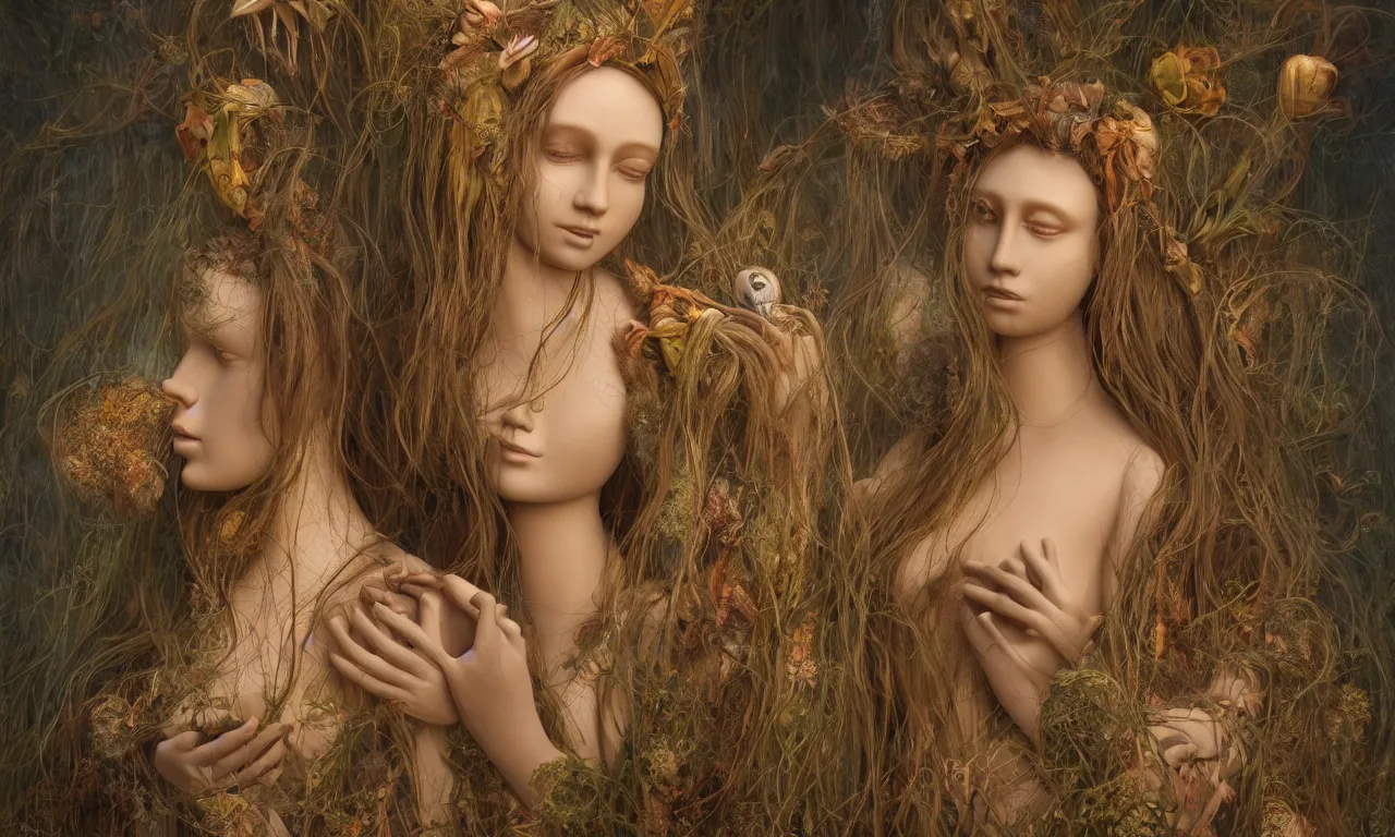 Image similar to a portrait of a beautiful female mannequin, a jointed wooden doll with long flowing hair, holding each other, big moths, big lilies, by James C. Christensen, by Tomasz Alen Kopera, 4K, rendered in Octane, cinematic, 3D, highly detailed