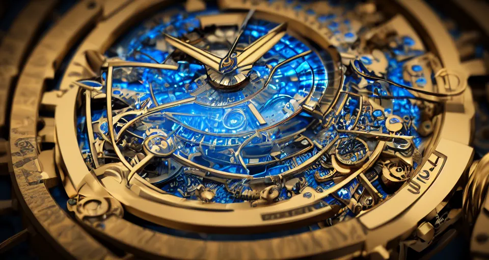 Image similar to complex 3 d render of a futuristic steampunk watch lying on a table, high detail, sharp focus, glowing blue interior components, fractal detail, depth of field, bokeh, cinematic lighting and composition, octane render, film grain, rolex, nordgreen, montblanc