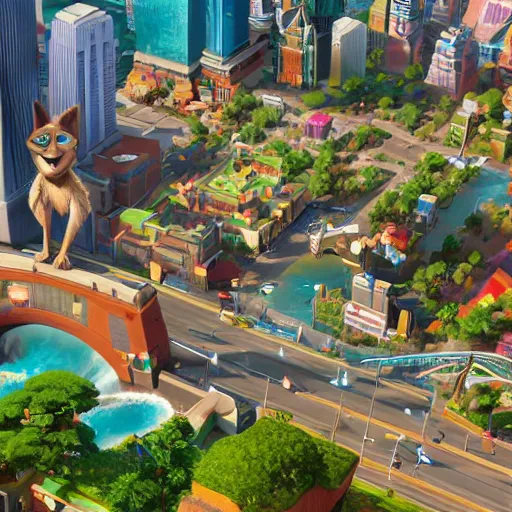 Image similar to The isometric perspective and UI of the PC game SimCity, applied to Zootopia by Disney.