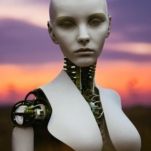 Image similar to beautiful Fine art photography of a solarpunk part robot part human girl with real human face and real torso, white background, highly detailed, medium shot, photorealism, sunset lighting 8k