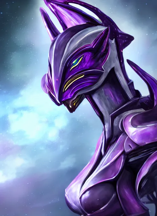 Image similar to cinematic close shot, galactic sized goddess, proportional stunning beautiful hot female warframe, sleek mecha female dragon head, metal ears, led purple eyes, smooth fuschia skin, smooth silver armor, floating in space, holding a galaxy, epic proportions, epic size, epic scale, furry art, dragon art, giantess art, warframe fanart, furaffinity, octane