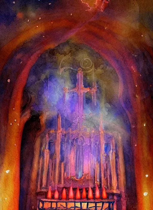 Prompt: pipe organ with fairy lights, light ground fog, detailed fantasy watercolor comic style, subtle colors, by tony sart