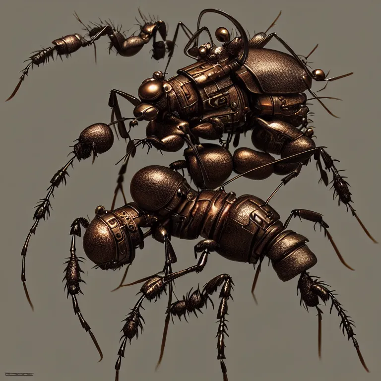 Prompt: steampunk ant, 3 d model, symmetrical artwork, unreal engine realistic render, 8 k, micro detail, intricate, elegant, highly detailed, centered, digital painting, artstation, smooth, sharp focus, illustration, artgerm, tomasz alen kopera, wlop