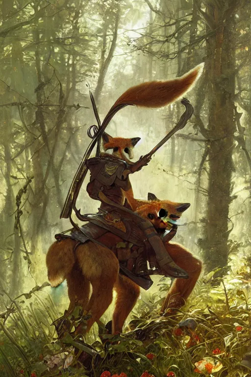 Image similar to a cunning anthropomorphic fox warrior hunting in the forest, wearing metal plate armor, character illustration by greg rutkowski, thomas kindkade, alphonse mucha, loish, norman rockwell