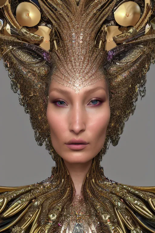 Image similar to a highly detailed metahuman 4 k close up render of an alien goddess bella hadid as kleopatra in iris van herpen dress schiaparelli in diamonds crystals swarovski and jewelry in style of alphonse mucha gustav klimt trending on artstation made in unreal engine 4