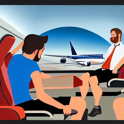 Prompt: a man has to sit in a delayed airplane while his friends enojy a climbing award - winning digital artwork