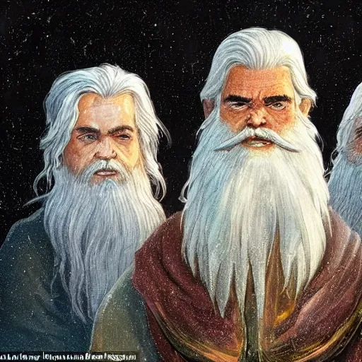 Image similar to shorter in stature than the other two ; but his long white hair, his sweeping silver beard, and his broad shoulders, made him look like some wise king of ancient legend. in his aged face under great snowy brows his eyes were set like coals that could suddenly burst into fire