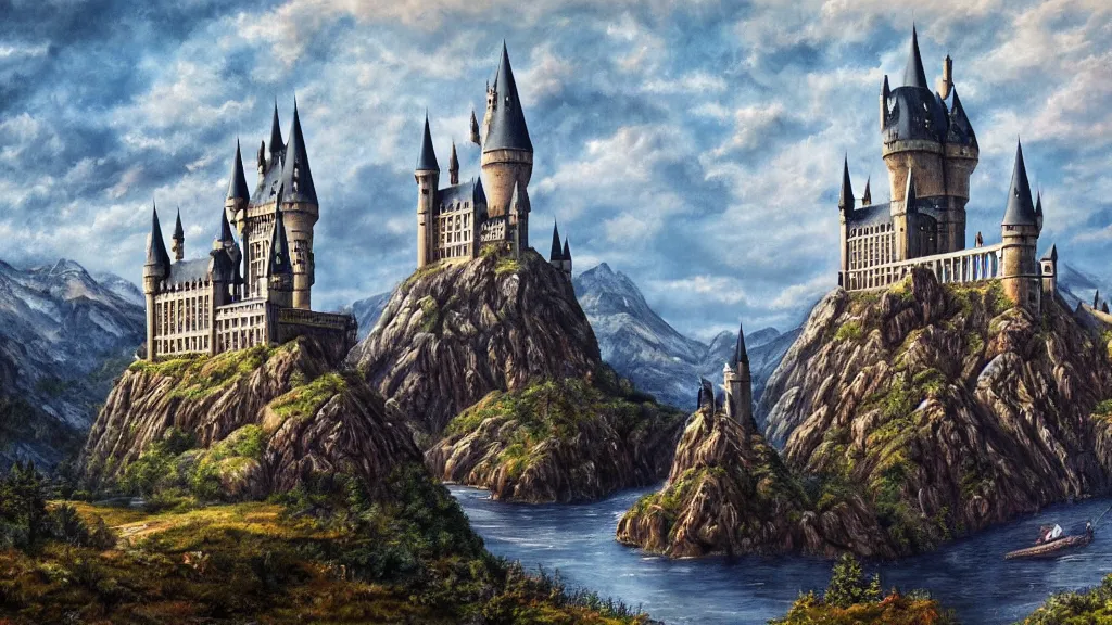 Prompt: an artwork of a landscape of the hogwarts castle