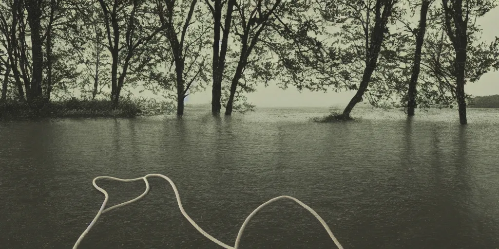 Image similar to centered photograph of a long rope snaking directly on the surface of the water, dark lake on a cloudy day, color film, trees in the background, hyper detailed photo, anamorphic lens