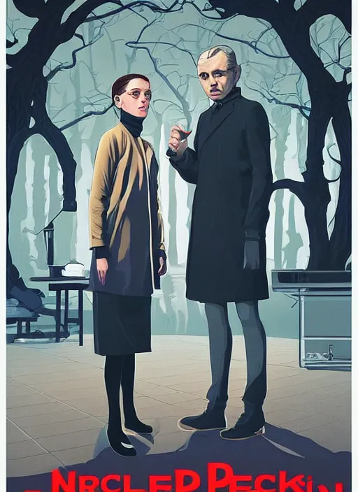 Image similar to poster artwork by Michael Whelan and Tomer Hanuka, Karol Bak of Kiernan Shipka wearing a turtleneck and lab coat meeting Alan Turing outside her apartment, from scene from Twin Peaks, clean