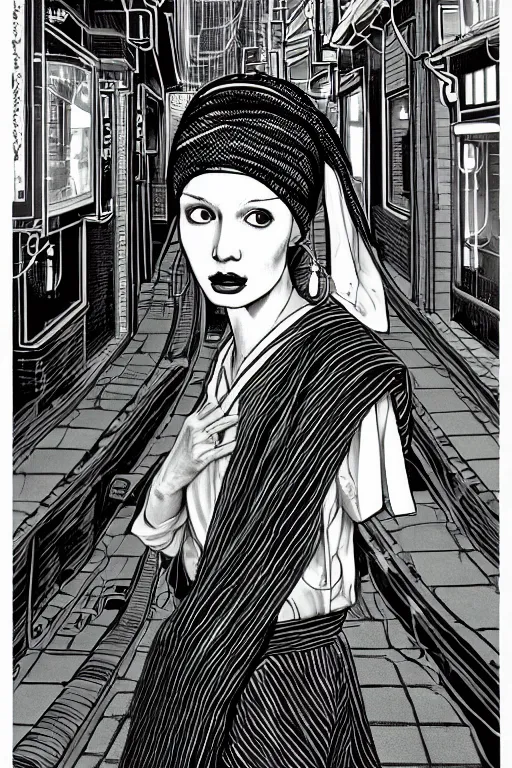 Image similar to beautiful portrait of a woman, negative no not the girl with a pearl earring, highly detailed ink illustration of a narrow neon lit tokyo alley, b & w clean shaped illustration by kim jung gi, ric estrada, ron english and eiichiro oda