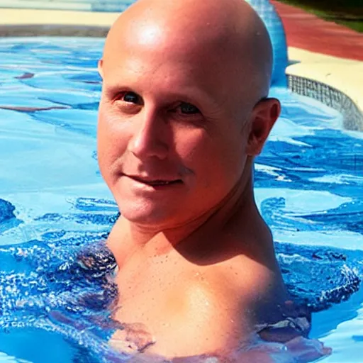 Prompt: emilio estevez with no hair standing above the water of a pool next to a house