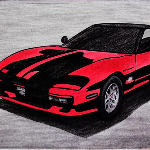 Prompt: pen ink drawing black red 1999 FD RX-7 front side view dynamic racing motion blur Shuichi Shigeno and Michiharu Kusunoki flat drawing two tone color black background dark simple shading