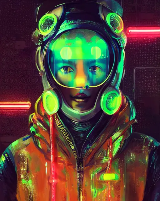 Prompt: detailed portrait Neon spacesuit Girl, cyberpunk futuristic neon, reflective, decorated with traditional Japanese ornaments by Ismail inceoglu dragan bibin hans thoma greg rutkowski Alexandros Pyromallis Nekro Rene Maritte Illustrated, Perfect face, fine details, realistic shaded, fine-face, pretty face