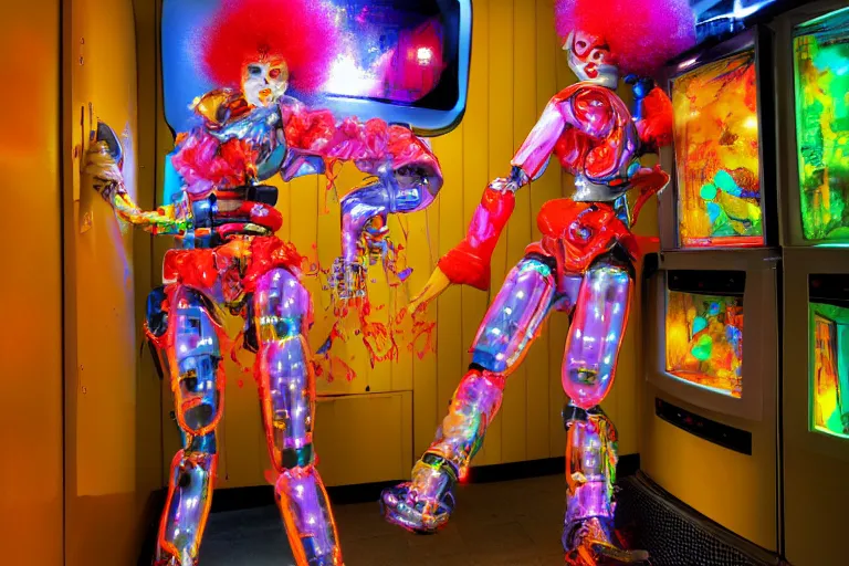 Image similar to robo - clowngirl emerging from a translucent fridge in cyberspace, fractal, in 1 8 8 5, y 2 k cutecore clowncore, bathed in the glow of a crt television, crt screens in background, low - light photograph, in style of tyler mitchell