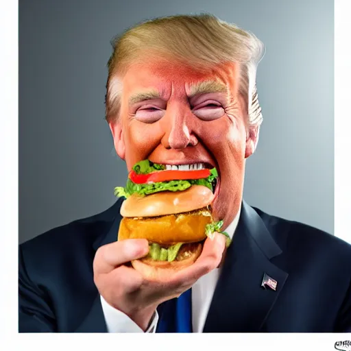 Image similar to photo still of donald trump! licking! a burger with his! tongue! out, mmmmm, moist, studio portrait photo, studio lighting, rim light, key light, food photography, 3 5 mm f 1. 8